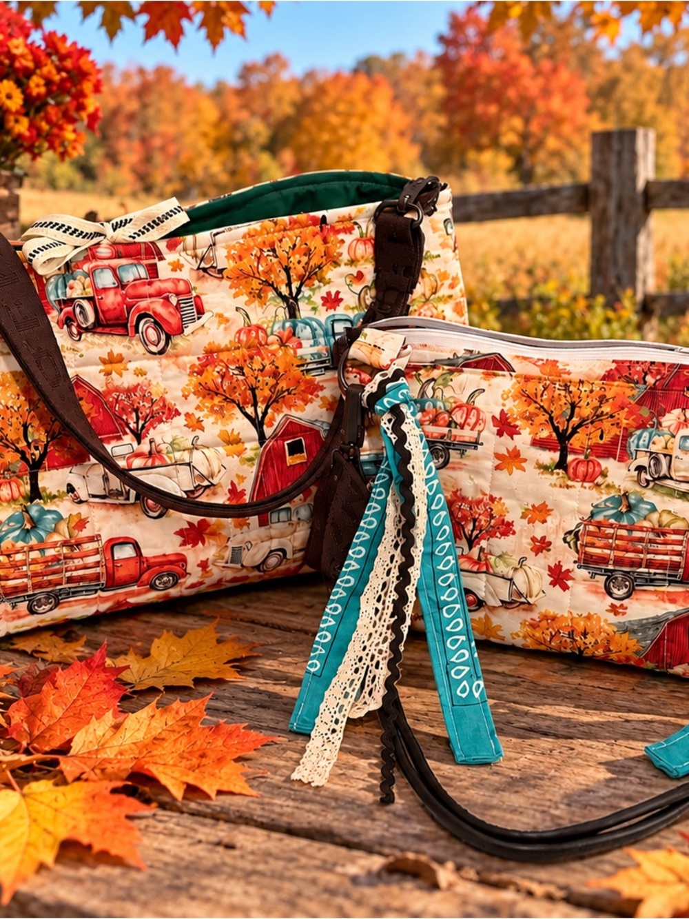 Canvas Farm Truck Print Crossbody Bag with Teal Accent